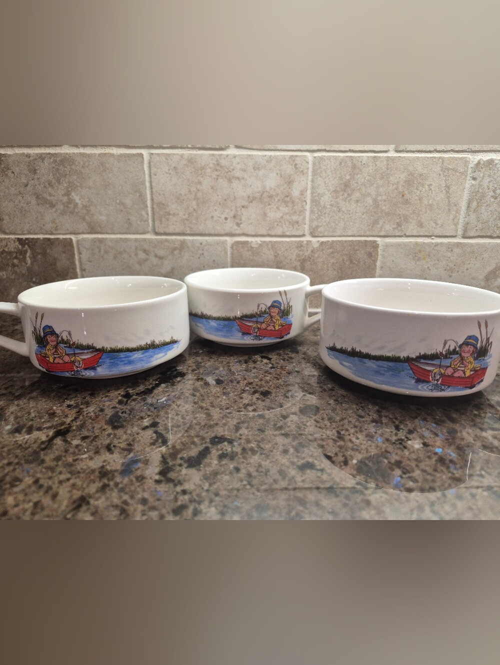Vintage Lot Of 3 Campbell's Soup Kids 4.5" Bowls Mugs, Boat Fishing